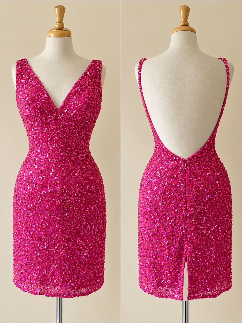 Vintage SCALA Pink Silk Hand Beaded Sequin Low Back Dress Size M